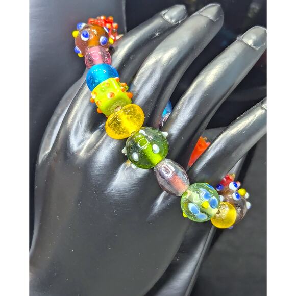 Lampwork Glass Bead Bracelet, Multicolored, Bumpy Glass, Size 6" - Picture 1 of 4